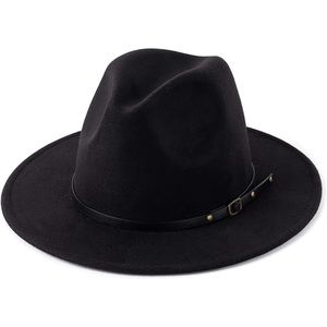 HUDANHUWEI Women's Classic Wide Brim Fedora Hat with Belt Buckle Felt Panama Hat